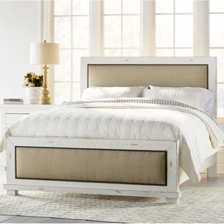 Rustic Linen-Trim King Upholstered Bed with Nailhead Detail in Beige