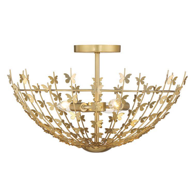 Burnished Brass Butterfly 3-Light Semi-Flush Mount Ceiling Fixture