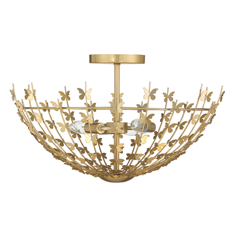 Burnished Brass Butterfly 3-Light Semi-Flush Mount Ceiling Fixture
