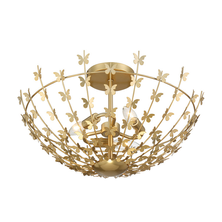 Burnished Brass Butterfly 3-Light Semi-Flush Mount Ceiling Fixture