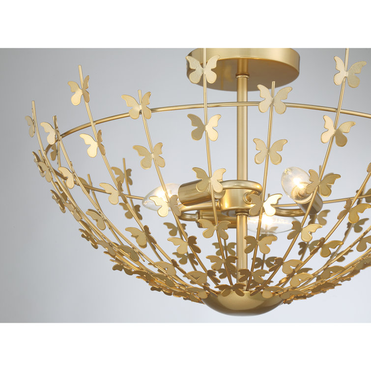 Burnished Brass Butterfly 3-Light Semi-Flush Mount Ceiling Fixture