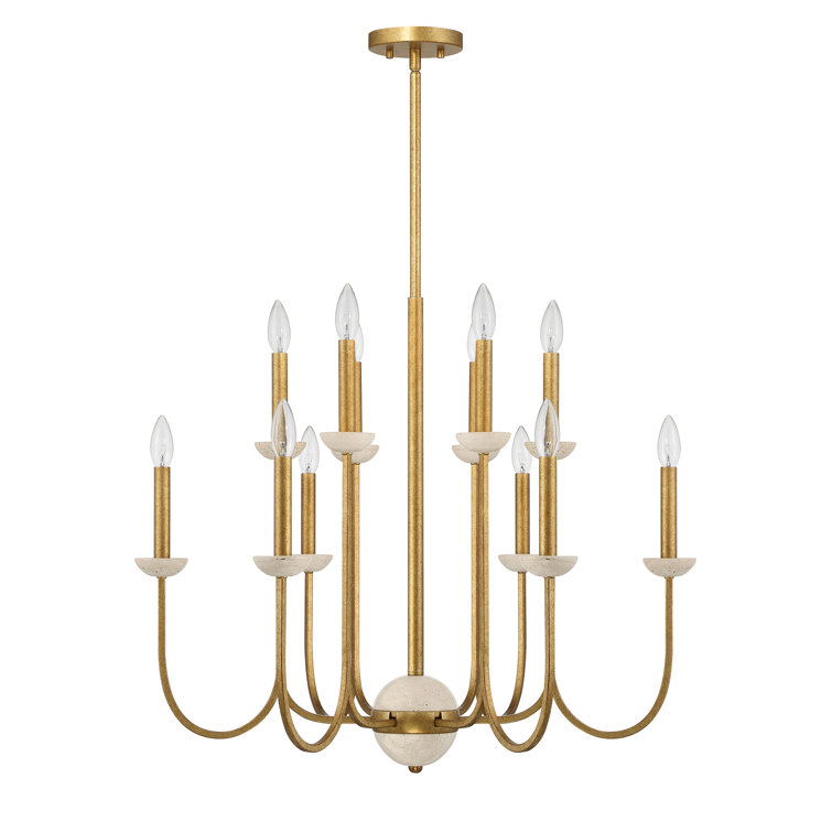 Antique Gold 12-Light Candle Chandelier with Travertine Cups