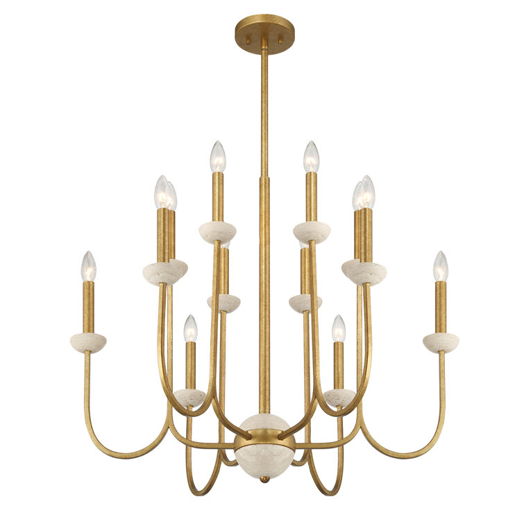 Antique Gold 12-Light Candle Chandelier with Travertine Cups