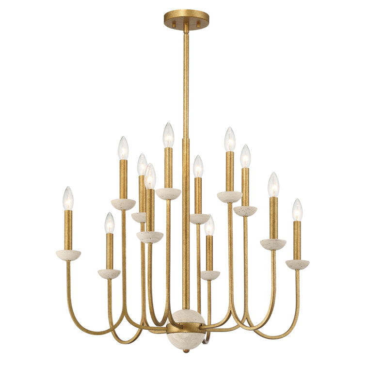 Antique Gold 12-Light Candle Chandelier with Travertine Cups