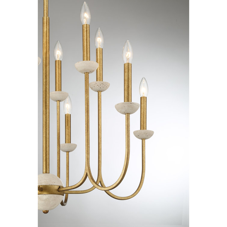 Antique Gold 12-Light Candle Chandelier with Travertine Cups