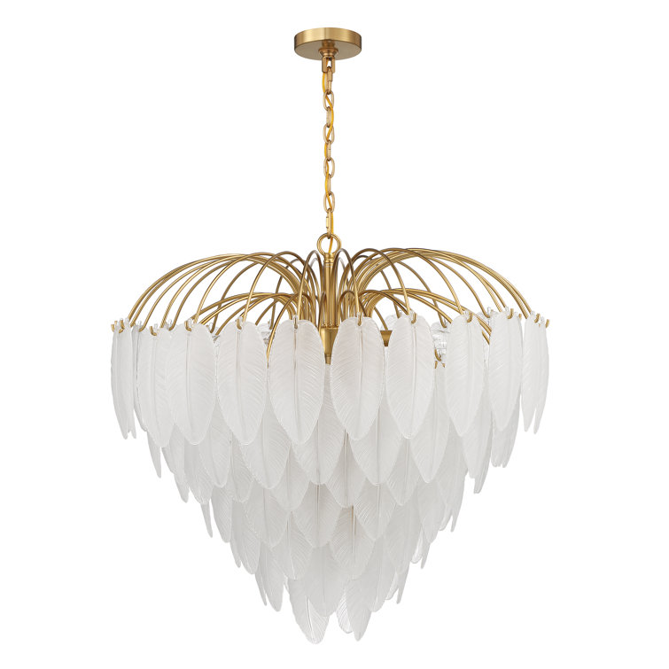 Luxurious Warm Brass 9-Light Chandelier with Frosted Glass Feathers