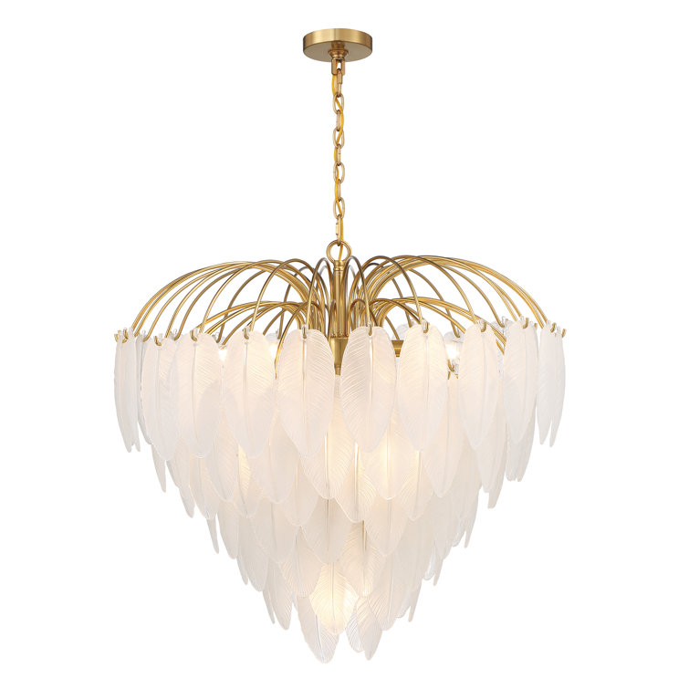 Luxurious Warm Brass 9-Light Chandelier with Frosted Glass Feathers