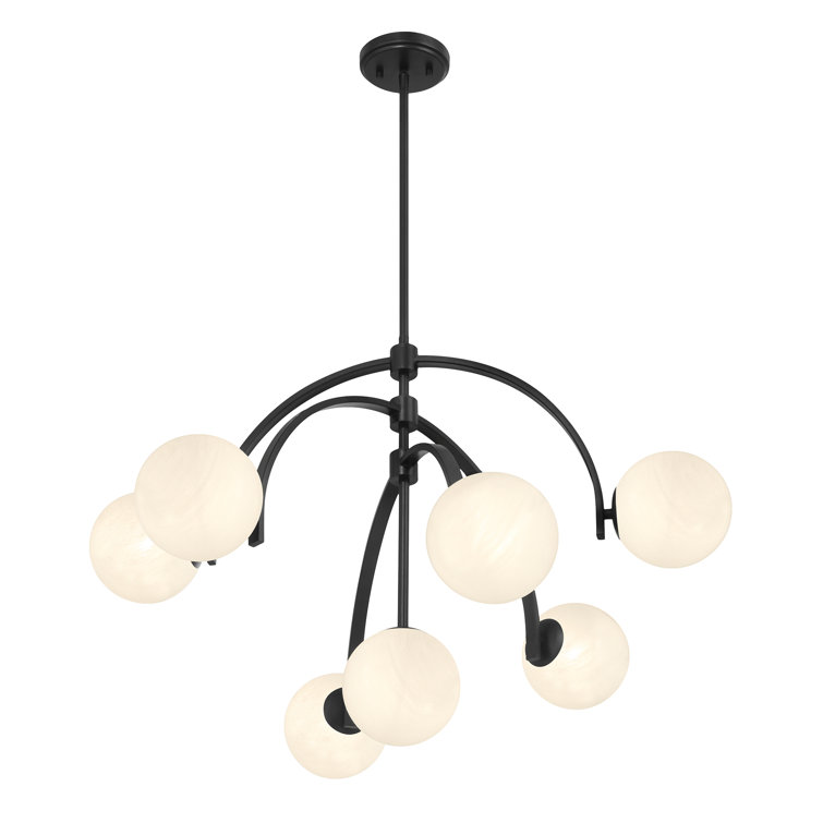 Matte Black 7-Light Chandelier with Strie Glass Shades