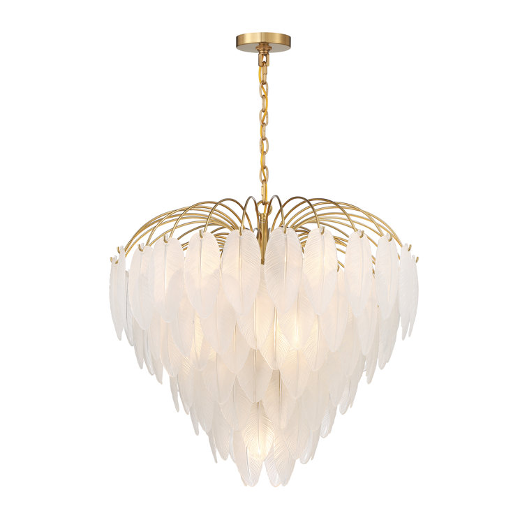 Luxurious Warm Brass 9-Light Chandelier with Frosted Glass Feathers