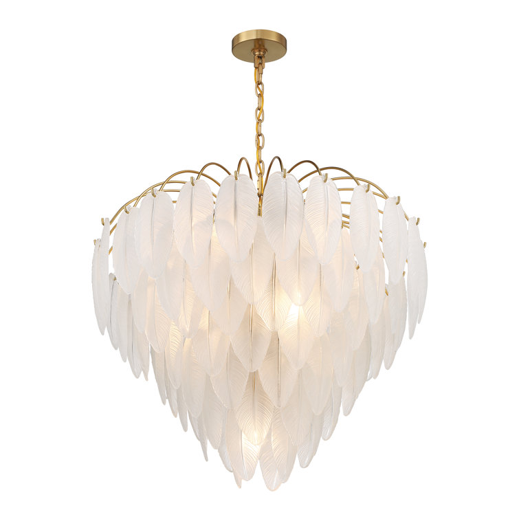 Luxurious Warm Brass 9-Light Chandelier with Frosted Glass Feathers