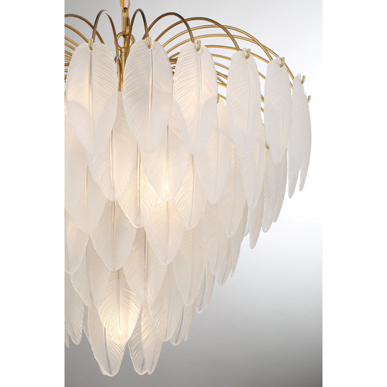 Luxurious Warm Brass 9-Light Chandelier with Frosted Glass Feathers