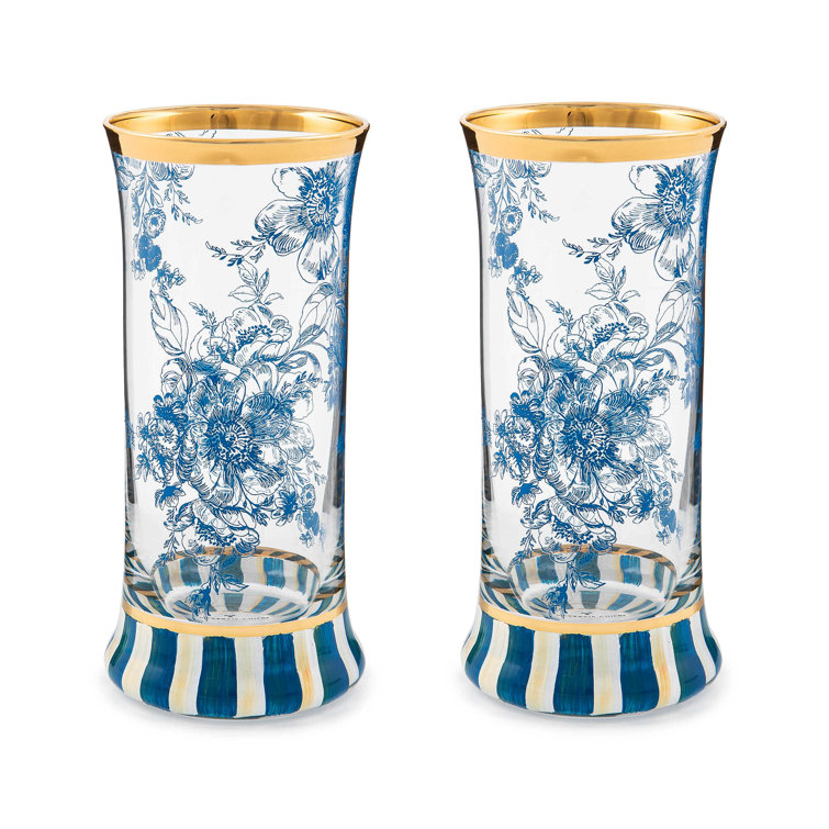 Hand-Painted Blue Floral Highball Glass Set with Gold Trim