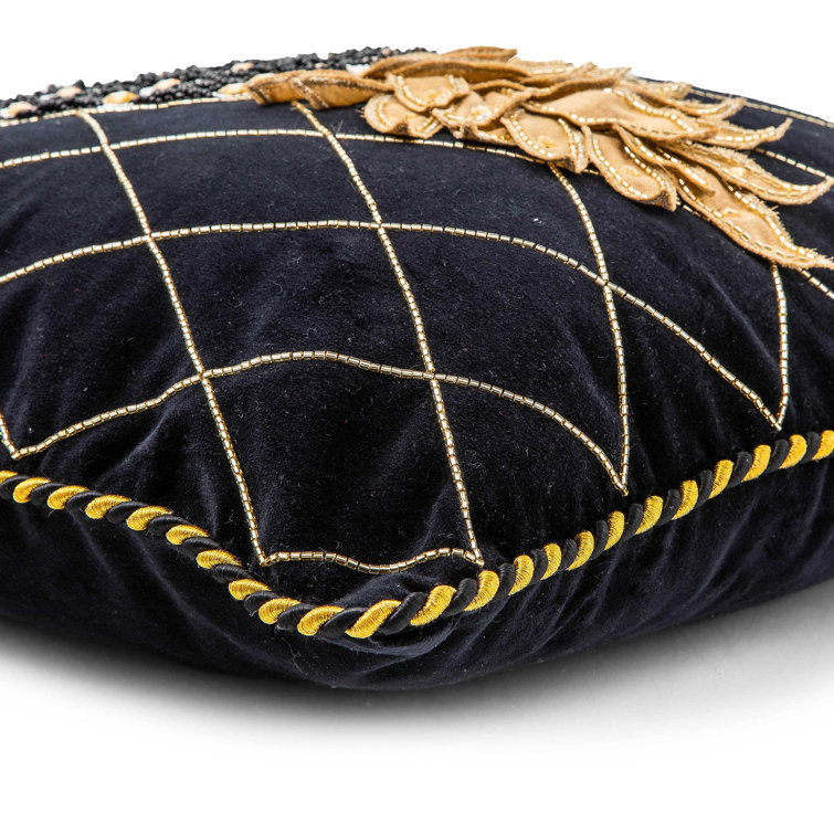 Black and Gold Embroidered Pineapple Cotton Throw Pillow