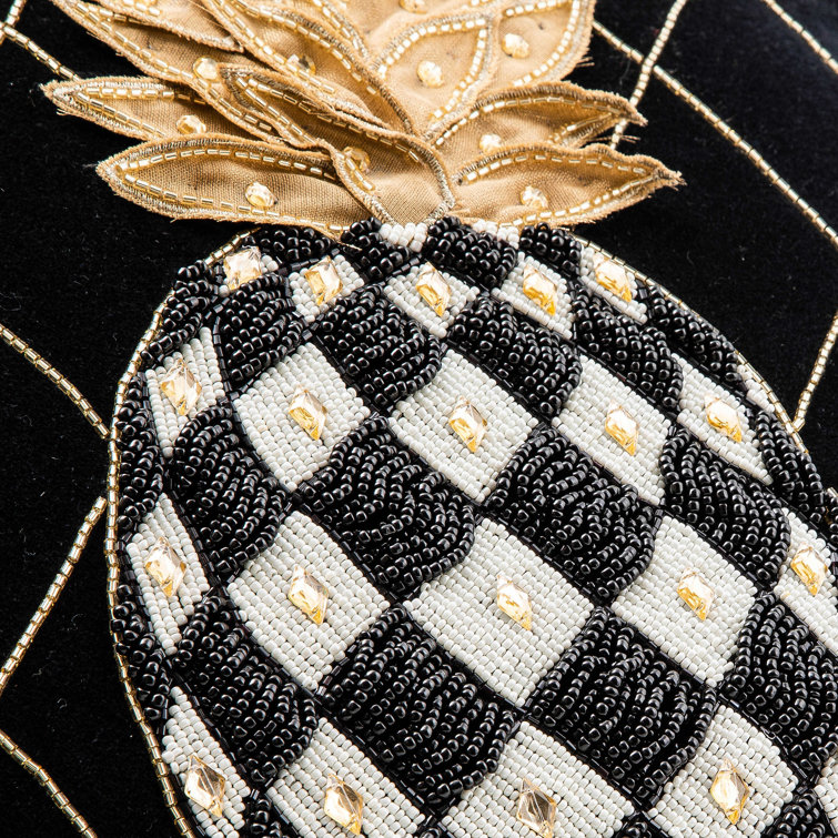 Black and Gold Embroidered Pineapple Cotton Throw Pillow