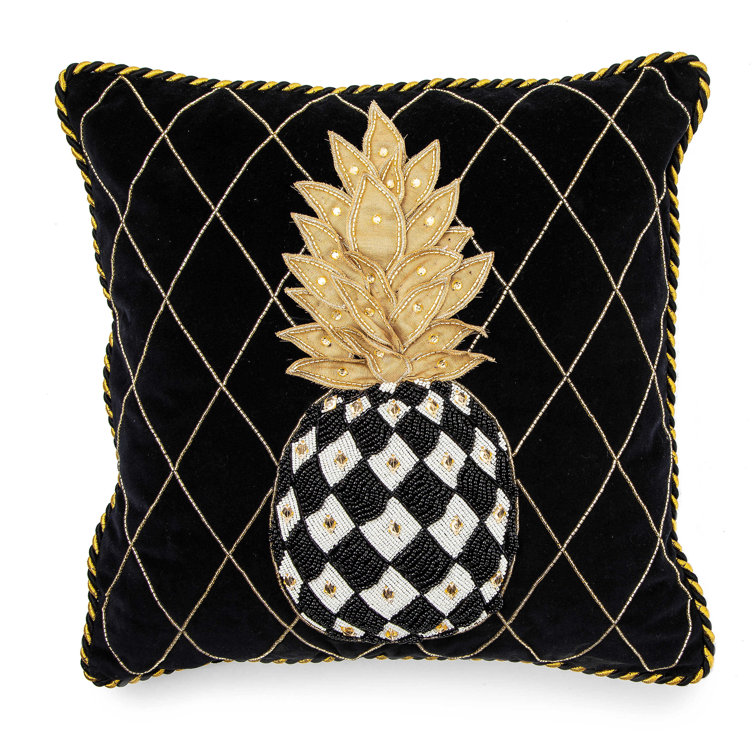 Black and Gold Embroidered Pineapple Cotton Throw Pillow