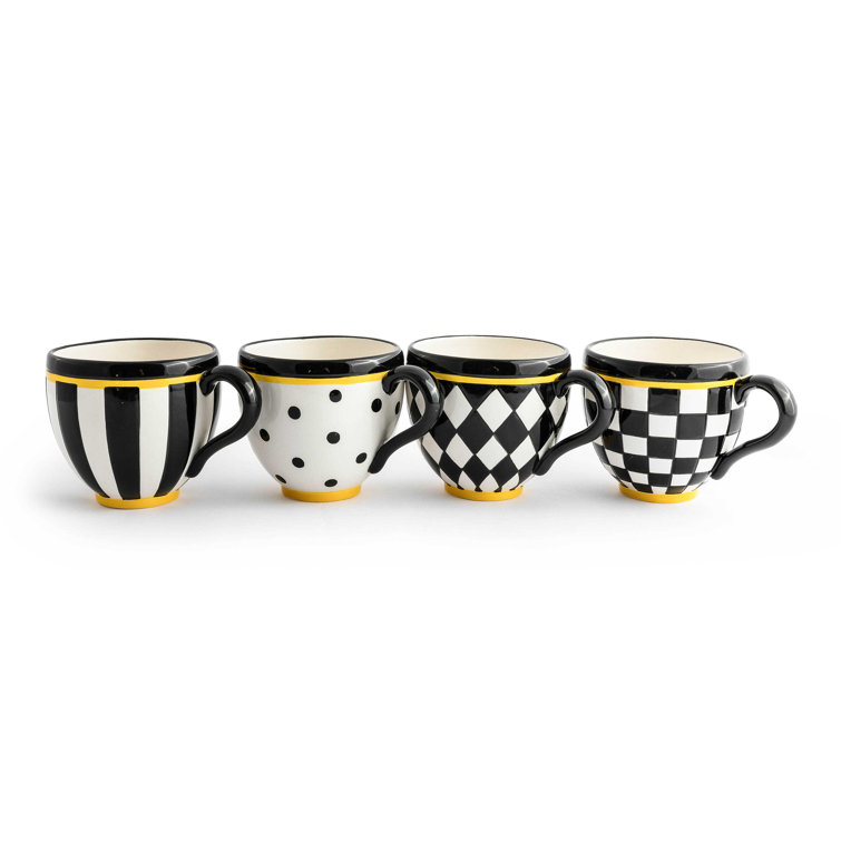 Black and White Ceramic Patterned Mug Set of Four