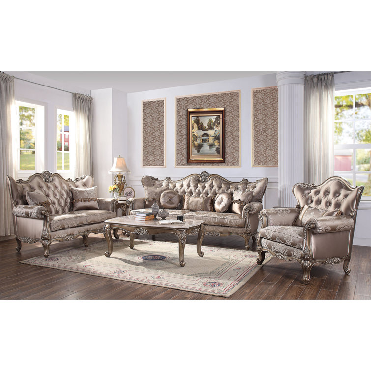Jayceon Champagne Floral Upholstered Loveseat with Wooden Frame
