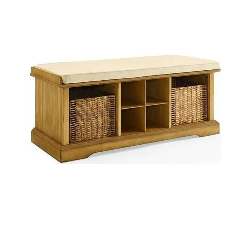 Brennan Natural Wood Entryway Bench with Upholstered Cushion and Storage Baskets