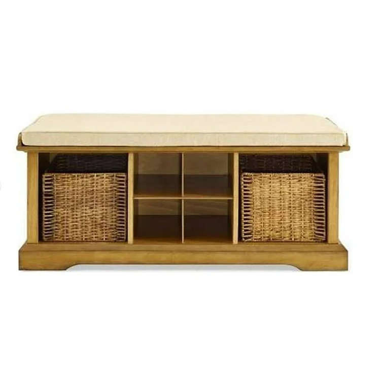 Brennan Natural Wood Entryway Bench with Upholstered Cushion and Storage Baskets