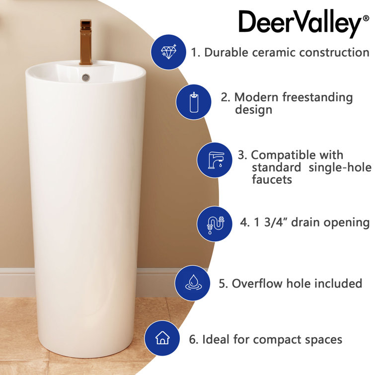 33.66" Tall White Ceramic Pedestal Bathroom Sink