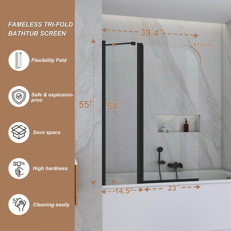 Matte Black Frameless Hinged Tub Door with Clear Tempered Glass