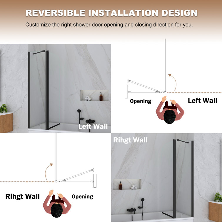Matte Black Frameless Hinged Tub Door with Clear Tempered Glass