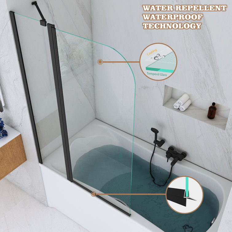Matte Black Frameless Hinged Tub Door with Clear Tempered Glass