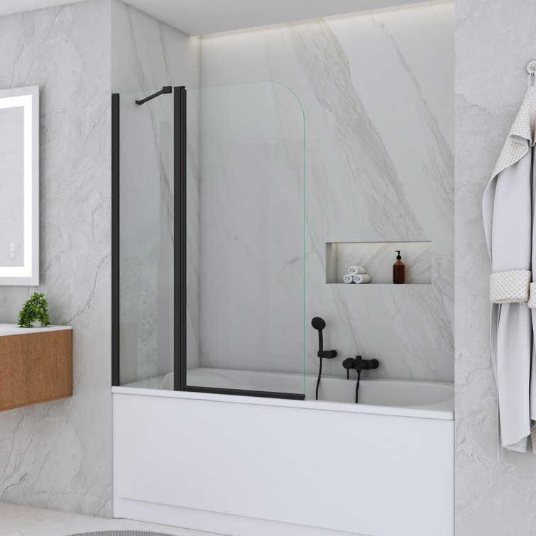 Matte Black Frameless Hinged Tub Door with Clear Tempered Glass