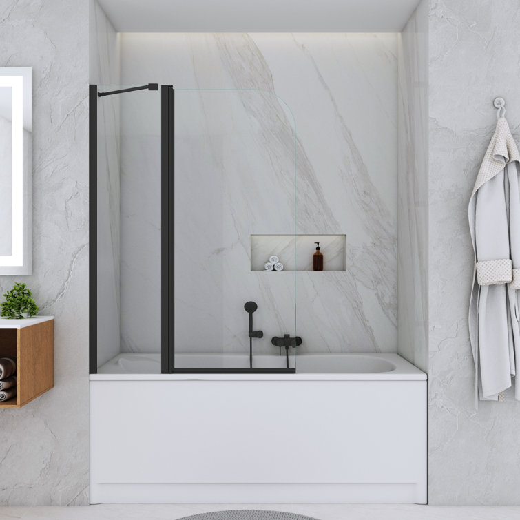 Matte Black Frameless Hinged Tub Door with Clear Tempered Glass
