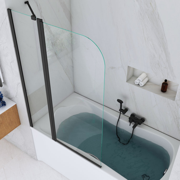 Matte Black Frameless Hinged Tub Door with Clear Tempered Glass