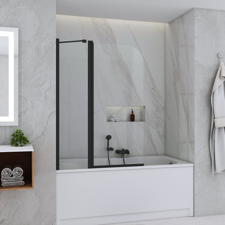 Matte Black Frameless Hinged Tub Door with Clear Tempered Glass