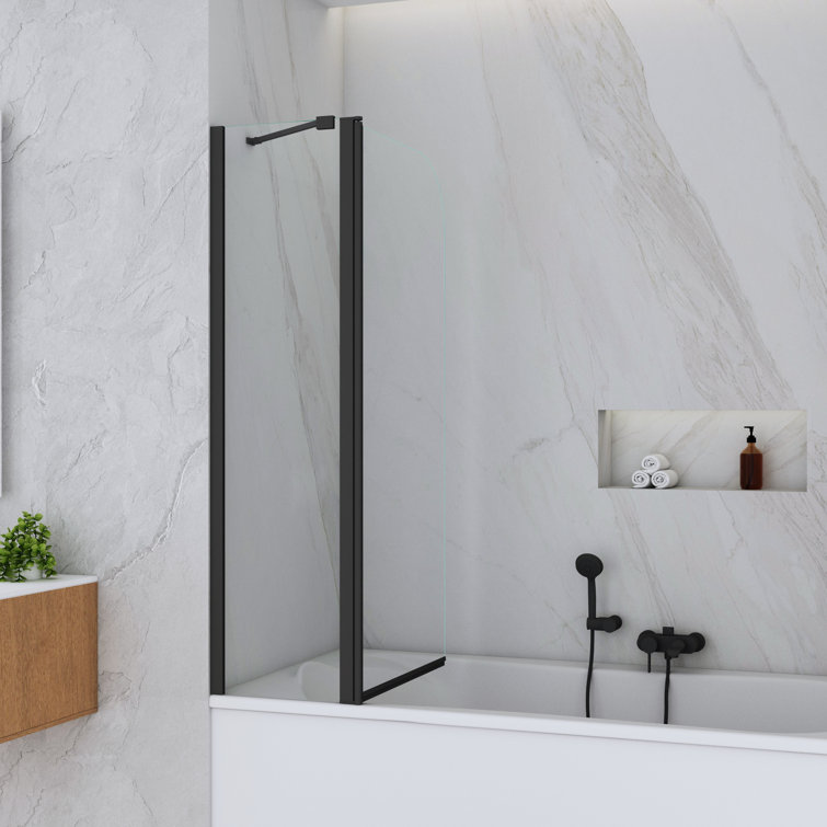 Matte Black Frameless Hinged Tub Door with Clear Tempered Glass