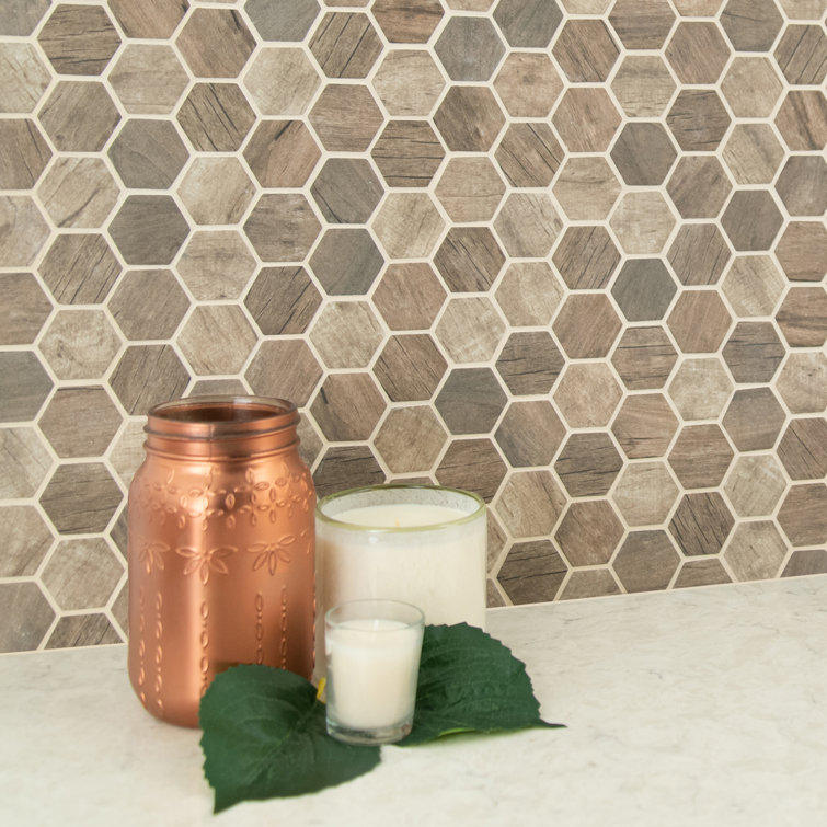 Driftwood Hexagon Matte Glass Wood Look Mosaic Tile