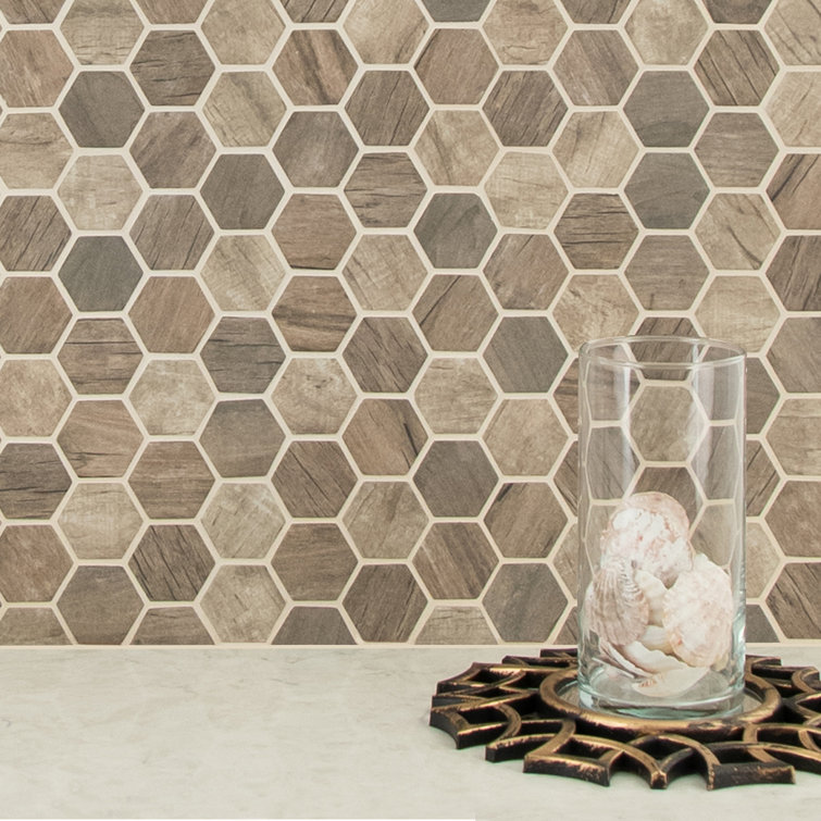 Driftwood Hexagon Matte Glass Wood Look Mosaic Tile
