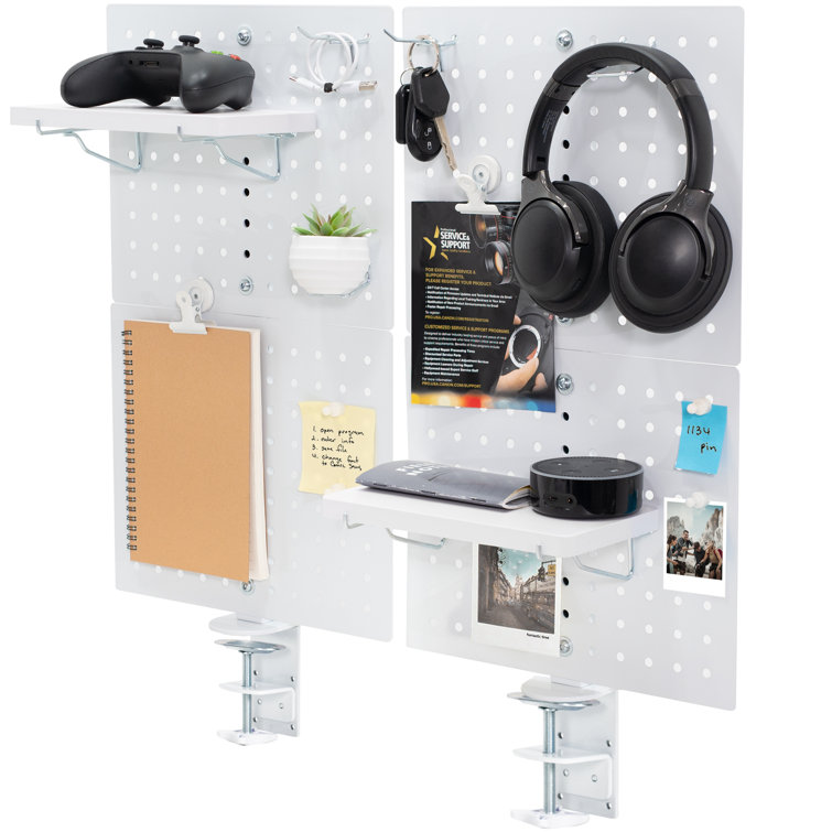White Steel Clamp-on Office Pegboard with Shelves and Hooks