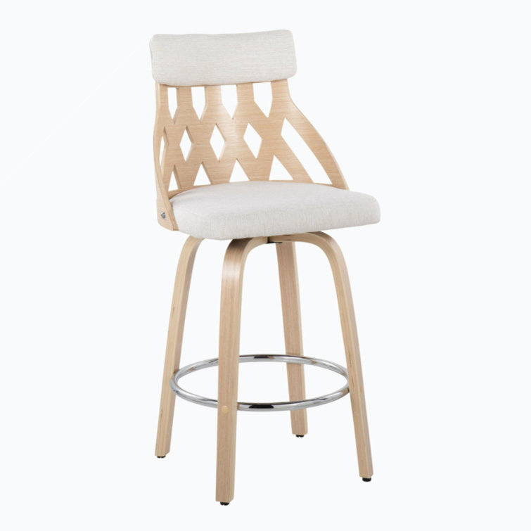 Mid-Century Natural Wood & Cream Fabric 26" Swivel Counter Stool