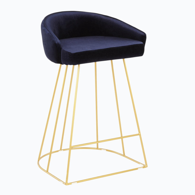 Indigo Blue Velvet and Gold Metal Counter Stools, Set of 2
