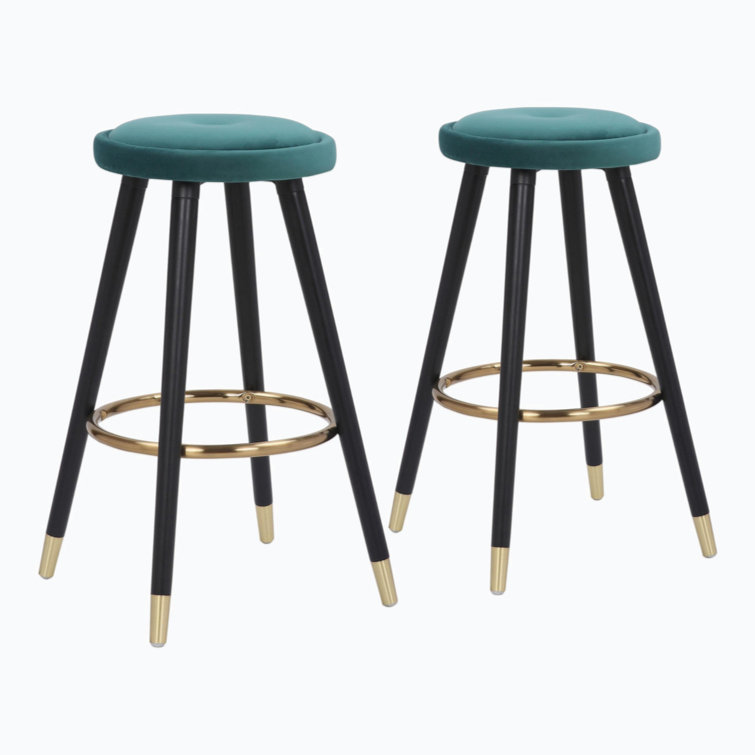 Teal Velvet and Black Wood Backless Counter Stools, Set of 2