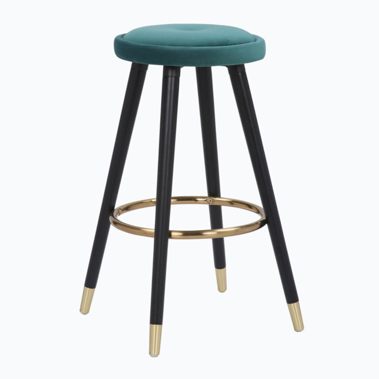 Teal Velvet and Black Wood Backless Counter Stools, Set of 2