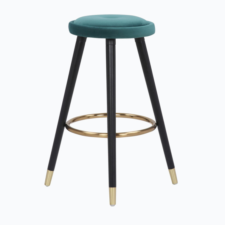 Teal Velvet and Black Wood Backless Counter Stools, Set of 2
