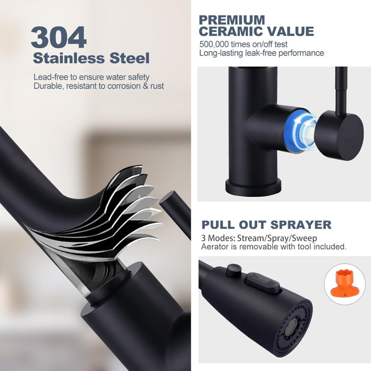 Matte Black Stainless Steel Pull-Down Kitchen Faucet with Water Filter