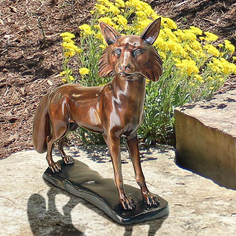 Wary Standing Fox Bronze Garden Statue with Sepia Patina