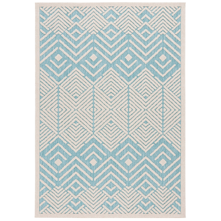 Ivory and Turquoise Geometric 5' x 7' Wool Area Rug