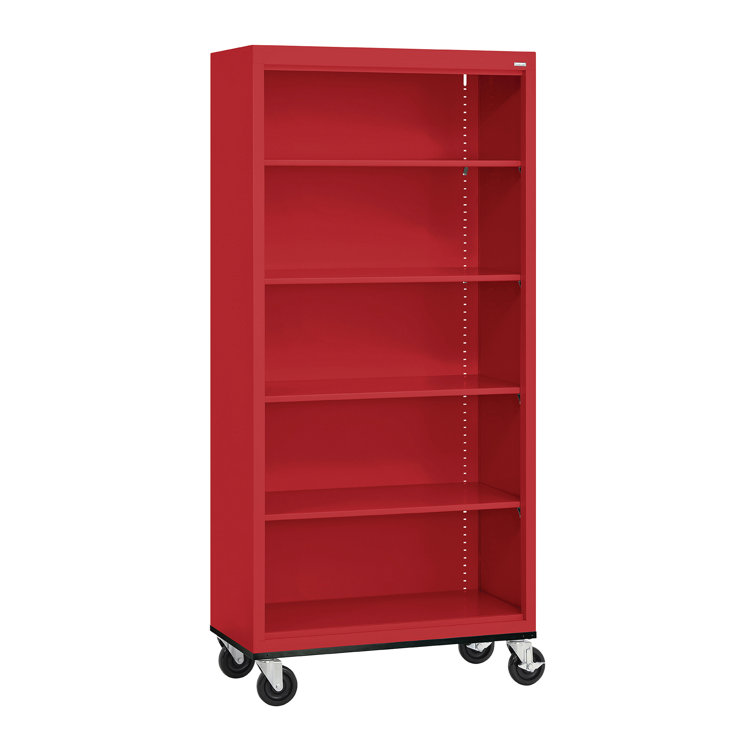 Red Steel Mobile Bookcase with Adjustable Shelves, 78" Height