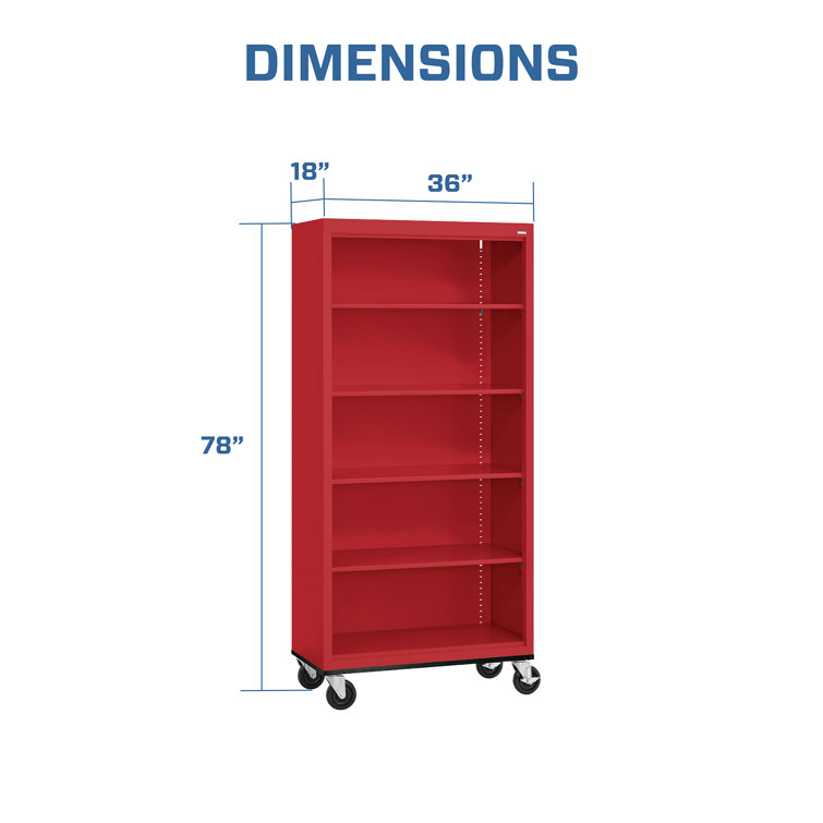 Red Steel Mobile Bookcase with Adjustable Shelves, 78" Height