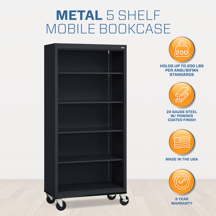 Black Steel Mobile Bookcase with Adjustable Shelves