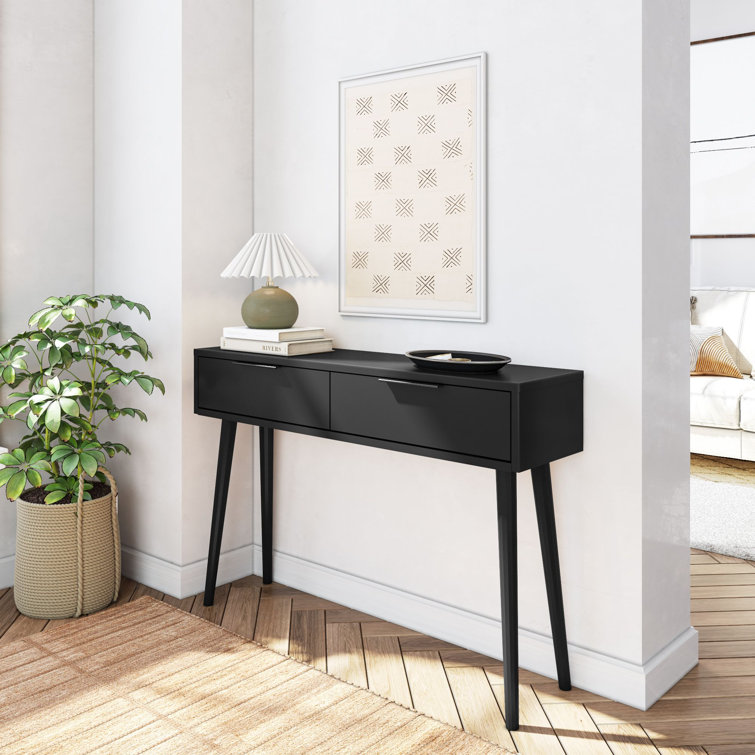 Black Solid Wood Mid Century Modern Console Table with Storage
