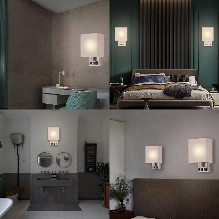 White Fabric Shade Modern Wall Sconce with USB Port