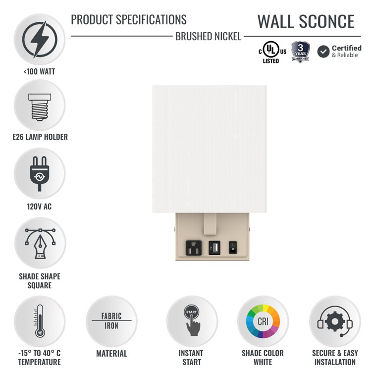 White Fabric Shade Modern Wall Sconce with USB Port