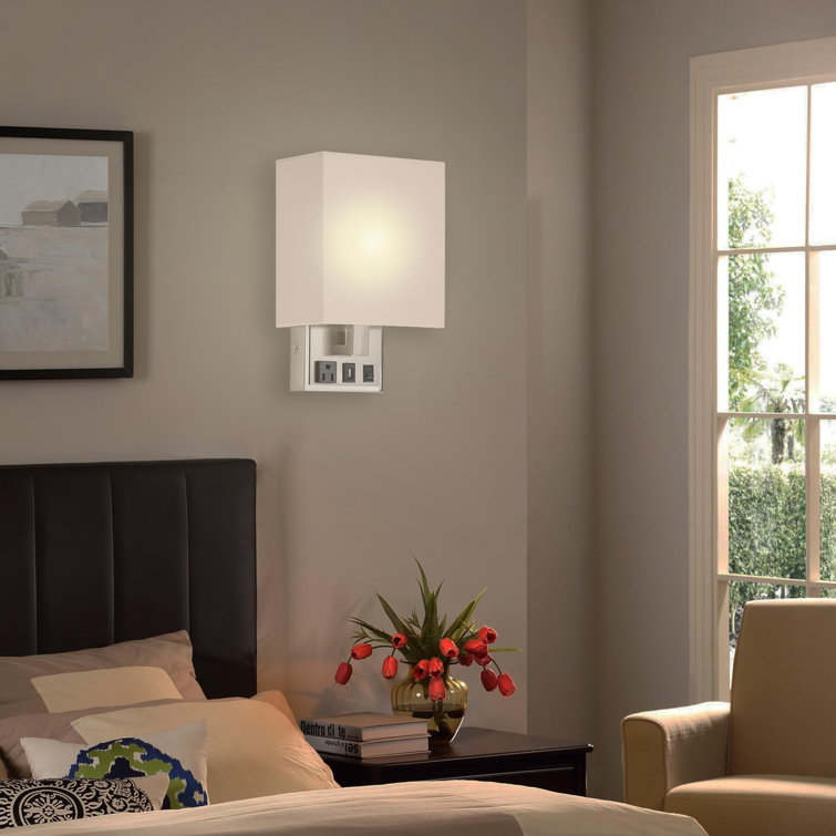 White Fabric Shade Modern Wall Sconce with USB Port